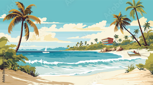 vintage-inspired vector postcard reminiscent of a Caribbean island, featuring pristine beaches, classic typography, and a retro color palette, tropical paradise while ensuring photo