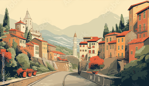  vintage-inspired vector postcard reminiscent of an idyllic Italian village, featuring charming streets, classic typography, and a retro color palette, rustic charm of Italian country