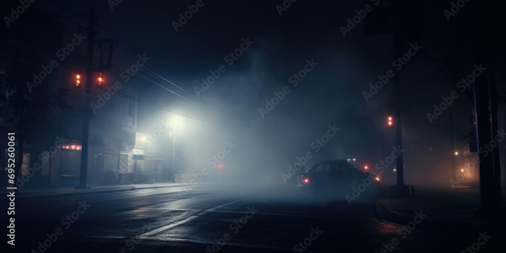 A car driving down a street at night. Suitable for transportation or urban cityscape themes