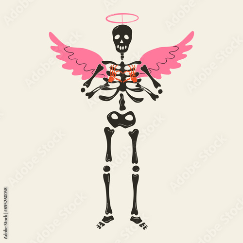 Funny Skeleton with decor for Valentine's day. Cute character Skeleton Bones