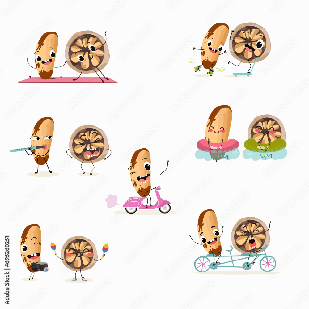 Cute cartoon brazil nut character set, collection. Flat vector illustration. Classes, playing musical instruments, sports, funny nuts. Cute cartoon brazil nut character set, collection. Flat vector illustration. Classes, playing musical instruments, sports, funny nuts.