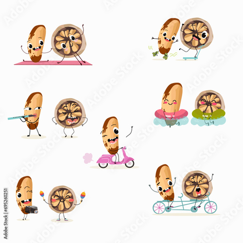 Fototapeta Naklejka Na Ścianę i Meble -  Cute cartoon brazil nut character set, collection. Flat vector illustration. Classes, playing musical instruments, sports, funny nuts.