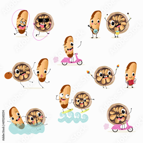 Fototapeta Naklejka Na Ścianę i Meble -  Cute cartoon brazil nut character set, collection. Flat vector illustration. Classes, playing musical instruments, sports, funny nuts.