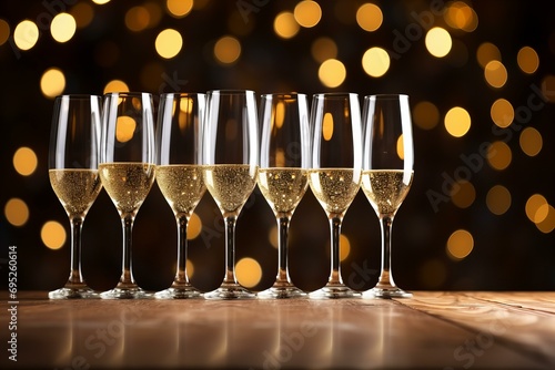 row of champagne glass flutes with bubbles, festive, golden bokeh for New Year party