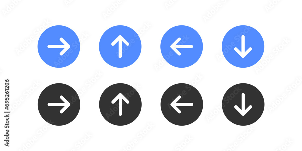 Left, right, up, down arrow button. Navigation direction icon. Next, back icon. Computer type. Circle interface. Vector illustration. Left, right, up, down arrow button. Navigation direction icon. Next, back icon. Computer type. Circle interface. Vector illustration.