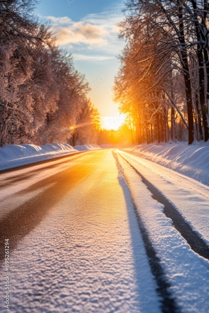 A picturesque image of a snowy road with the sun setting in the background. Perfect for winter landscapes and travel themes