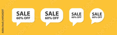 Sale 60% off in the speech bubble. Discount in the shop. Special proposition. Good percentage sticker. Marketing promotion. Product label.