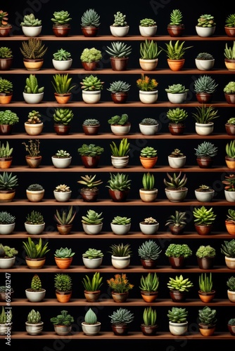 A collection of various types of plants displayed on a shelf. Suitable for adding a touch of greenery to any indoor space