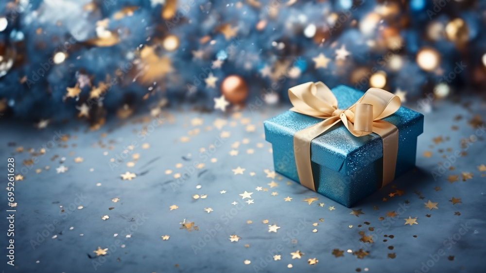 Banner with empty space for text. Web design with new year christmas gift. High resolution. For printing and social media. Festive Backdrop background for cards and printing. Blue and gold color Banner with empty space for text. Web design with new year christmas gift. High resolution. For printing and social media. Festive Backdrop background for cards and printing. Blue and gold color
