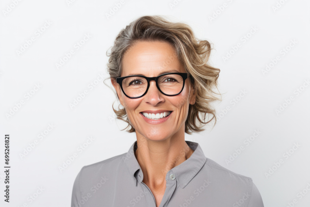 Pleasant looking smiling woman with glasses in her 40s, professional studio portrait shot on white background. Beautiful healthy aging.