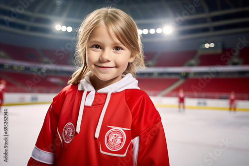 Smiling child girl fan on the background of a hockey stadium photo