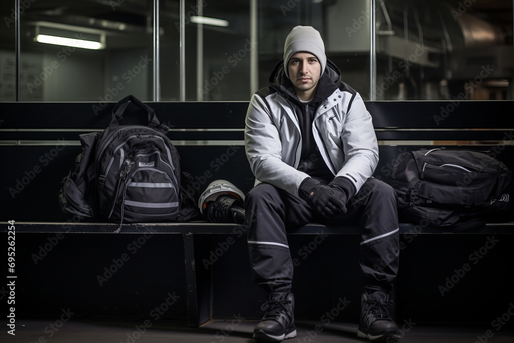 Male hockey player in the locker room before a hockey match