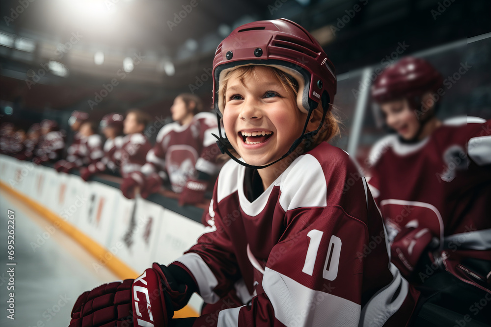 Smiling child hockey player on the ice of a hockey stadium. Hockey training - obrazy, fototapety, plakaty 