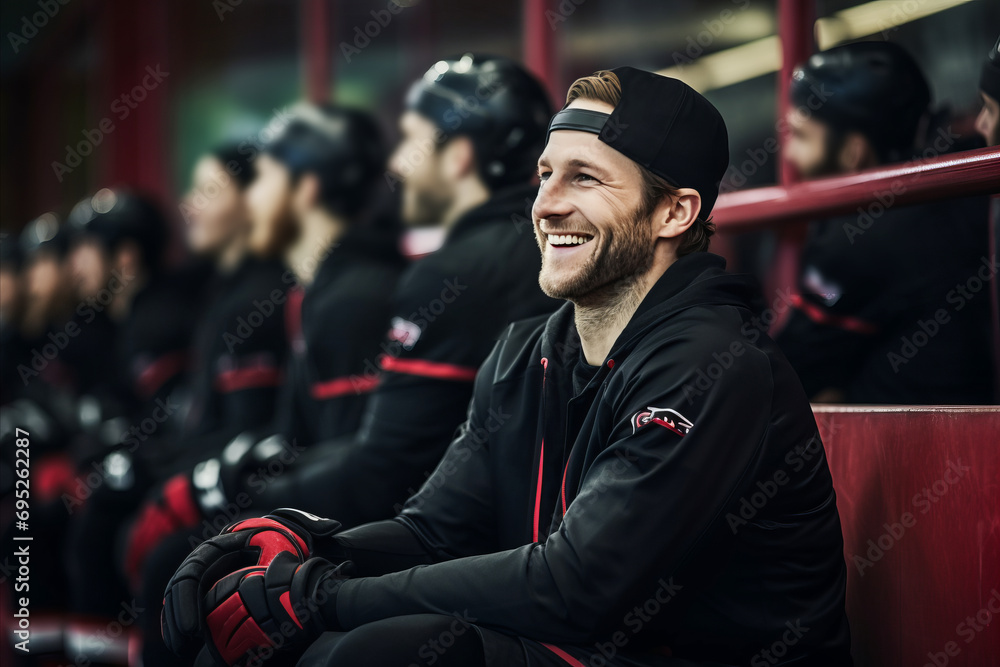 Smiling hockey player on the stands of a hockey stadium