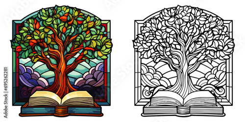Lovely Coloring Page of a Book and Tree in the Stained Glass Style - Flat Color Vector on White Background