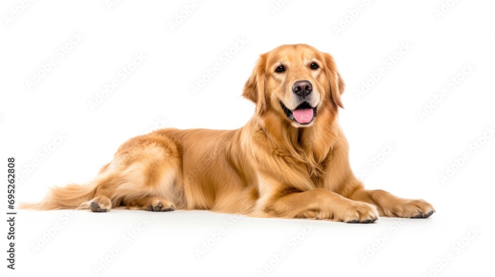 A peaceful image of a golden retriever laying down on a clean white surface. Perfect for pet-related projects and advertisements