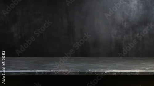 Empty table marble black counter top on black wall background photo