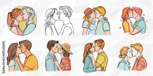 Lineart-Illustrationen von küssenden heterosexuellen Paaren