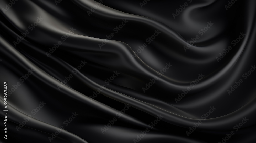Abstract black background. Black silk satin texture background. Beautiful soft folds on the fabric. Black elegant background with copy space for your design