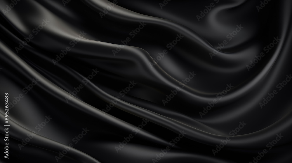 Abstract black background. Black silk satin texture background. Beautiful soft folds on the fabric. Black elegant background with copy space for your design Abstract black background. Black silk satin texture background. Beautiful soft folds on the fabric. Black elegant background with copy space for your design