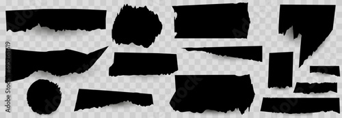 Set of Torn Paper Frames. Black shape of ripped papers silhouettes isolated on transparence background.
