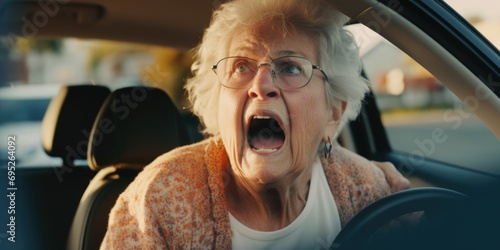 An intense image of an elderly woman screaming while driving. This image can be used to depict fear, road rage, or a stressful situation on the road photo