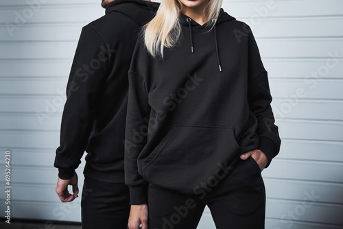 A trendy couple poses outdoors in black hoodies for a mock-up design. A fashion template for print and branding. A casual and elegant street wear style with no face and no logo visible. photo