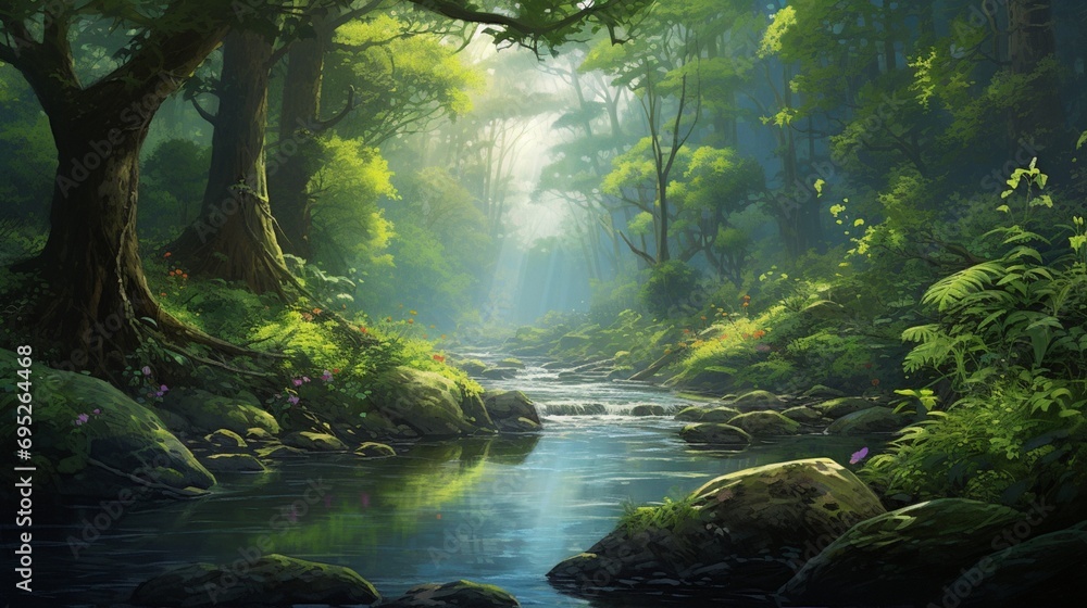 A tranquil river winding through a lush forest, nature's own serene painting framed by verdant beauty A tranquil river winding through a lush forest, nature's own serene painting framed by verdant beauty