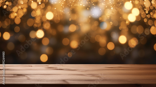 Empty wood table top with blur Christmas tree