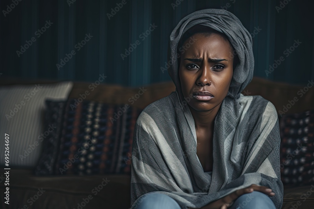 In despair, a crying black woman, adorned with a headscarf, expresses profound suffering and loneliness. In despair, a crying black woman, adorned with a headscarf, expresses profound suffering and loneliness.