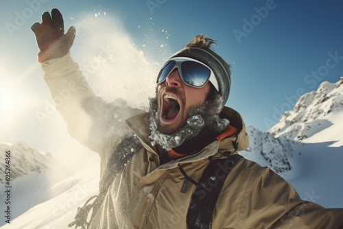A man with a beard and goggles is pictured on a snowy mountain. This image can be used to depict adventure, winter sports, or outdoor activities