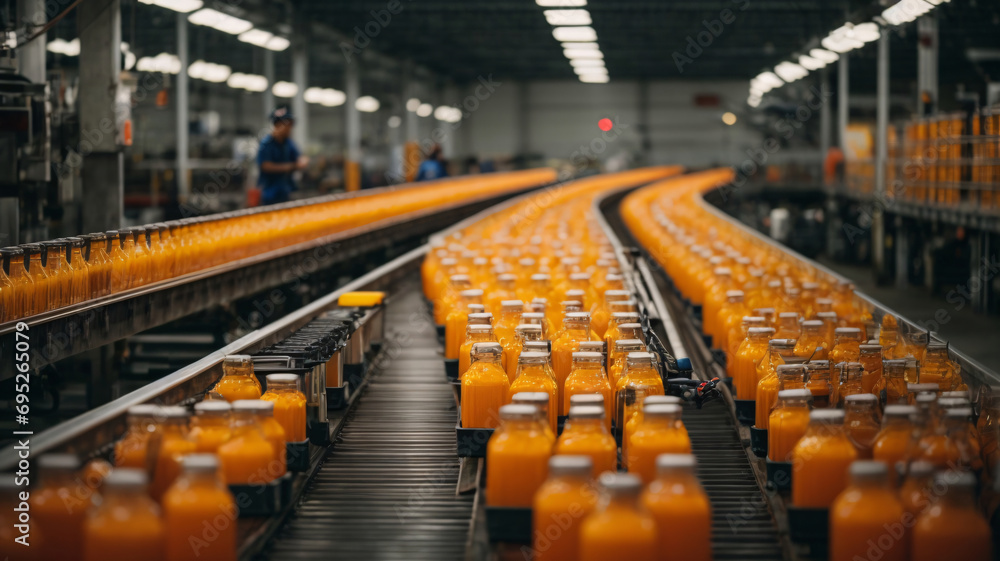 Conveyor belt with bottles of orange juice at a modern factory
