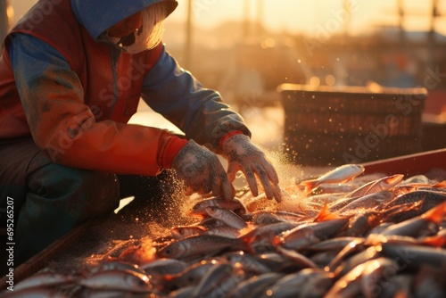 A person wearing a blue and red jacket sorting fish. This image can be used to depict the process of sorting and organizing fish or to illustrate the fishing industry © Fotograf