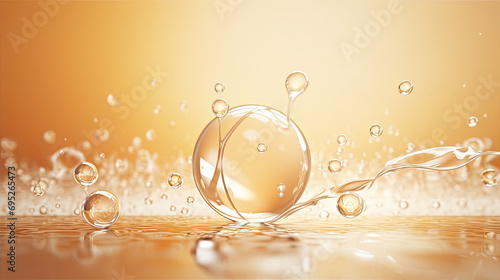 Golden yellow abstract oil bubbles or face serum background. Oil and water bubbles .golden yellow Bubbles oil or collagen serum for cosmetic product,  photo