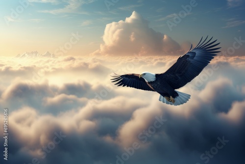 Eagle flying clouds. Beautiful and recognizable hovering animal sky. Generate AI photo