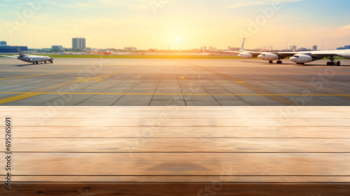 Empty wooden table inside of airport copy space