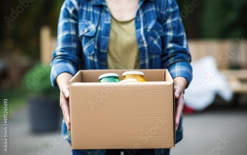 Volunteer holding a cardboard box of a various aid for charity