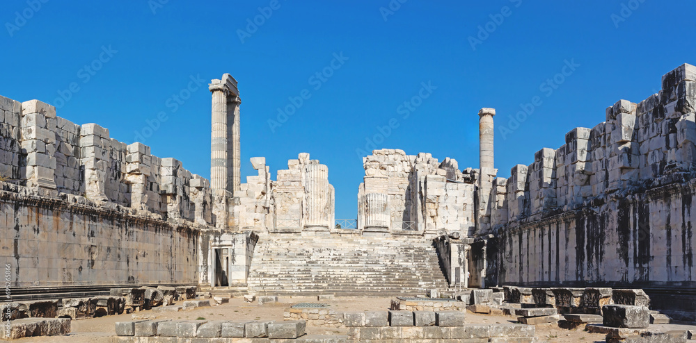 Panoramic view of the courtyard of the Temple of Apollo in the antique city of Didyma. Didim (Aydin), Turkey (Turkiye)