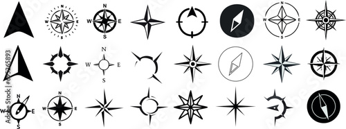 Compass icons collection, vector illustration. Black and white navigation symbols for orienteering, exploration, travel themes. cartography materials. Includes traditional compass designs  photo