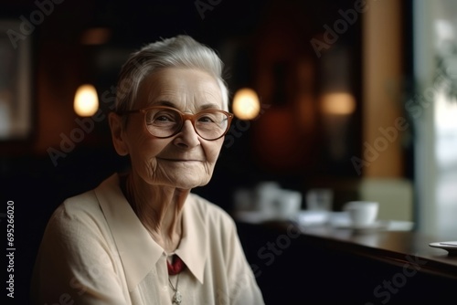 Smiling elderly lady with eyeglasses in restaurant. Cheerful senior woman having a break in cafe. Generate ai