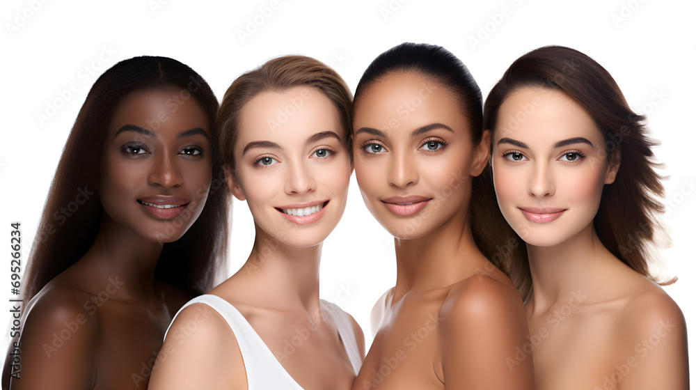Women's facial skin care concept different nationalities To look beautiful according to age on a white background. Women's facial skin care concept different nationalities To look beautiful according to age on a white background.