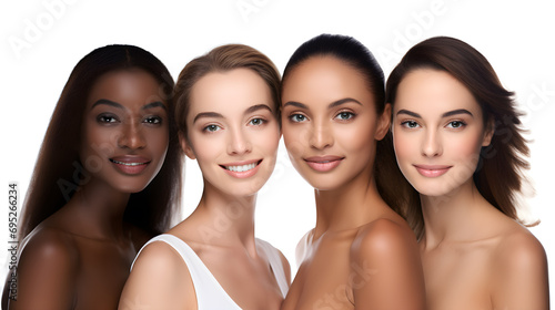 Women's facial skin care concept different nationalities To look beautiful according to age on a white background. photo