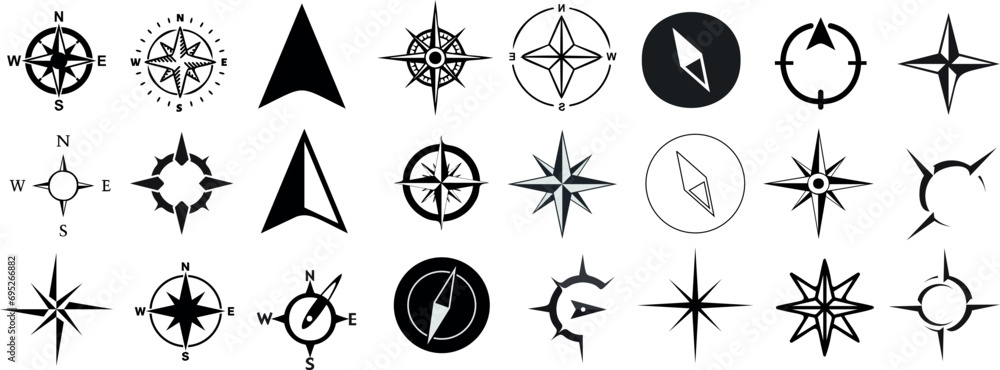 nautical compass navigation icons set. Perfect for marine, sailing, travel themes. 24 black symbols isolated on white background. From simple arrows to complex geometric patterns, find your direction - obrazy, fototapety, plakaty 