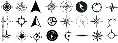 nautical compass navigation icons set. Perfect for marine, sailing, travel themes. 24 black symbols isolated on white background. From simple arrows to complex geometric patterns, find your direction © Arafat