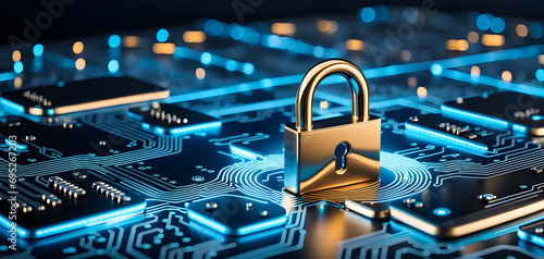 cybersecurity service concept of motherboard and safety authentication network or AI regulation laws with login and connecting. photo