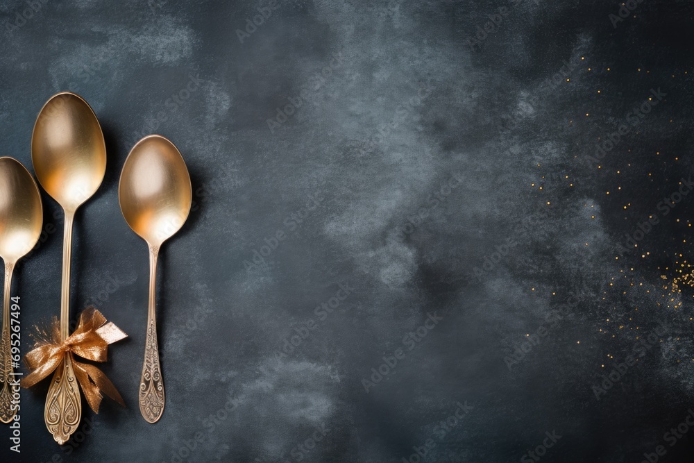 Three gold spoons with a bow on a black background. Ideal for kitchenware or gift-related projects - obrazy, fototapety, plakaty 