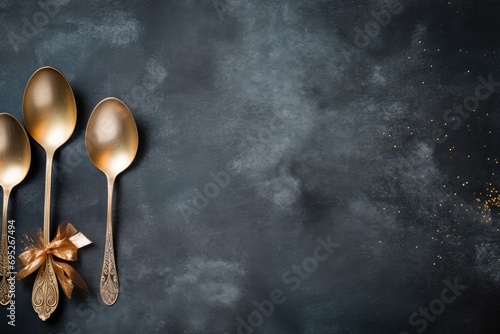 Three gold spoons with a bow on a black background. Ideal for kitchenware or gift-related projects