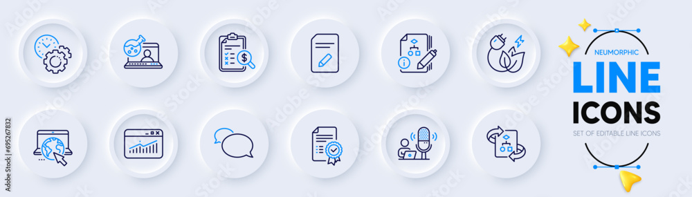 Internet, Messenger and Certificate line icons for web app. Pack of Podcast, Algorithm, Green energy pictogram icons. Time management, Edit document, Website statistics signs. Vector
