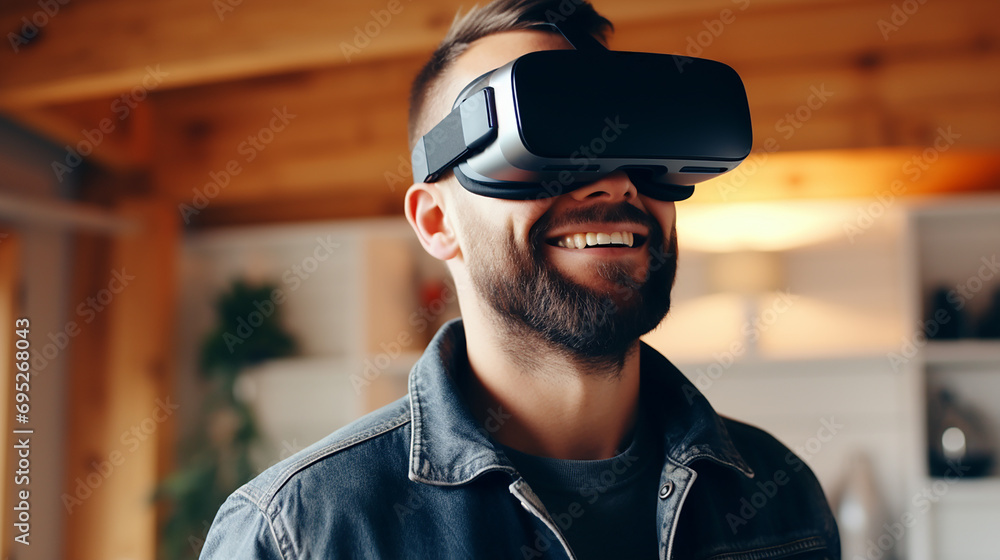 American man wearing virtual reality goggles