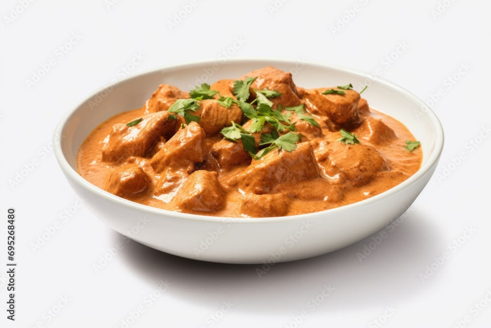 A white bowl filled with meat and sauce. Perfect for food and recipe blogs or restaurant menus A white bowl filled with meat and sauce. Perfect for food and recipe blogs or restaurant menus